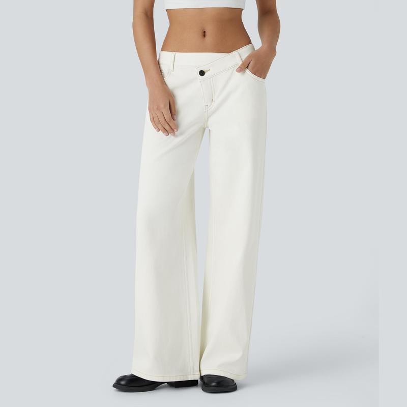 TheFitara Flex Asymmetric Low Rise Zipper Pockets Baggy Wide Leg Washed Casual Jeans