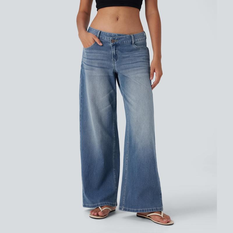 TheFitara Flex Asymmetric Low Rise Zipper Pockets Baggy Wide Leg Washed Casual Jeans