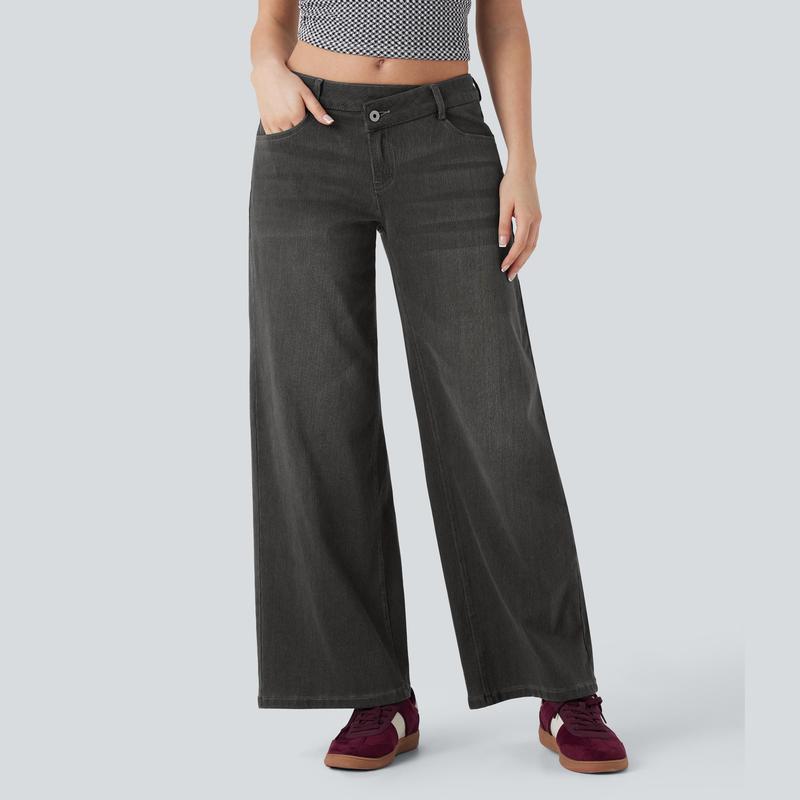 TheFitara Flex Asymmetric Low Rise Zipper Pockets Baggy Wide Leg Washed Casual Jeans