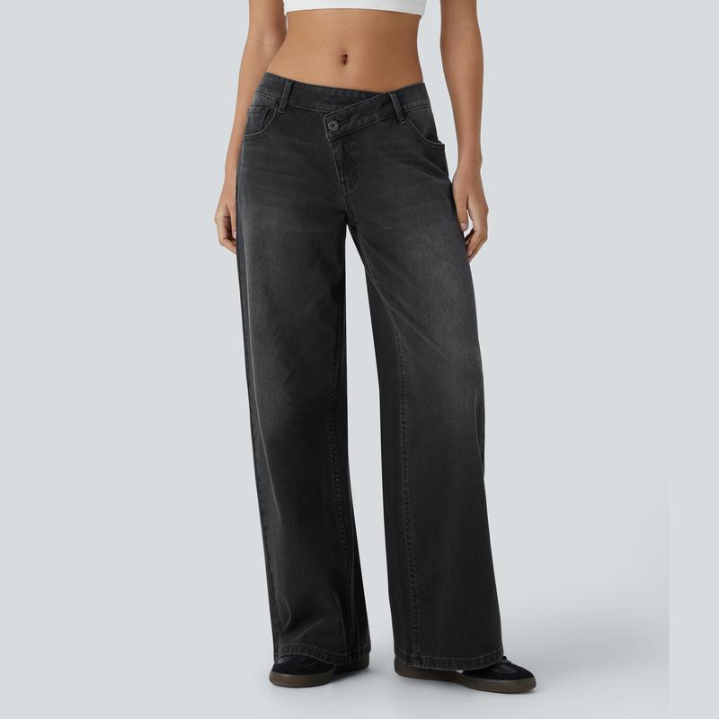 TheFitara Flex Asymmetric Low Rise Zipper Pockets Baggy Wide Leg Washed Casual Jeans