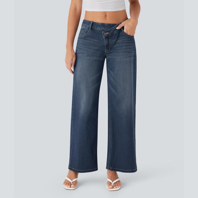 TheFitara Flex Asymmetric Low Rise Zipper Pockets Baggy Wide Leg Washed Casual Jeans