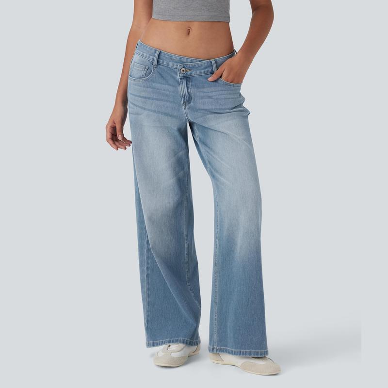 TheFitara Flex Asymmetric Low Rise Zipper Pockets Baggy Wide Leg Washed Casual Jeans