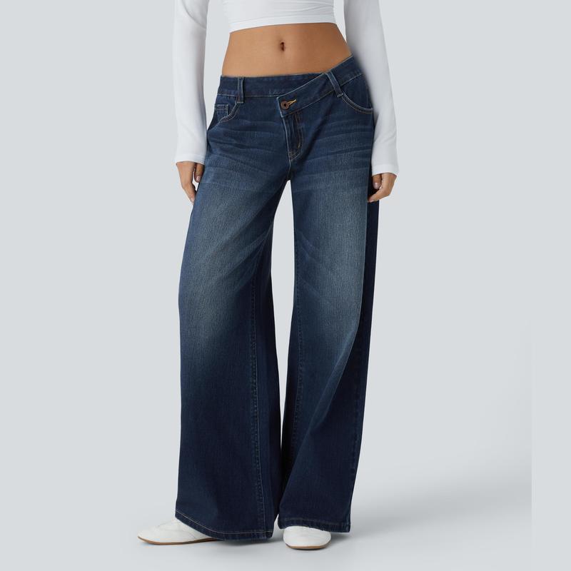 TheFitara Flex Asymmetric Low Rise Zipper Pockets Baggy Wide Leg Washed Casual Jeans
