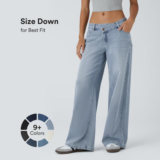 TheFitara Flex Asymmetric Low Rise Zipper Pockets Baggy Wide Leg Washed Casual Jeans