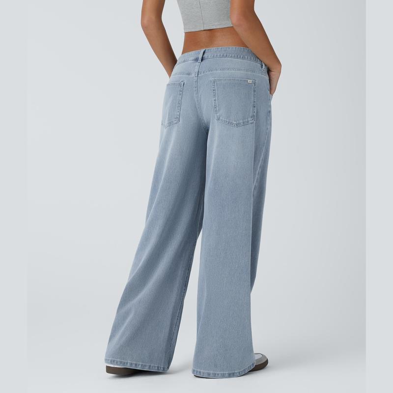 TheFitara Flex Asymmetric Low Rise Zipper Pockets Baggy Wide Leg Washed Casual Jeans