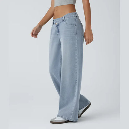 TheFitara Flex Asymmetric Low Rise Zipper Pockets Baggy Wide Leg Washed Casual Jeans