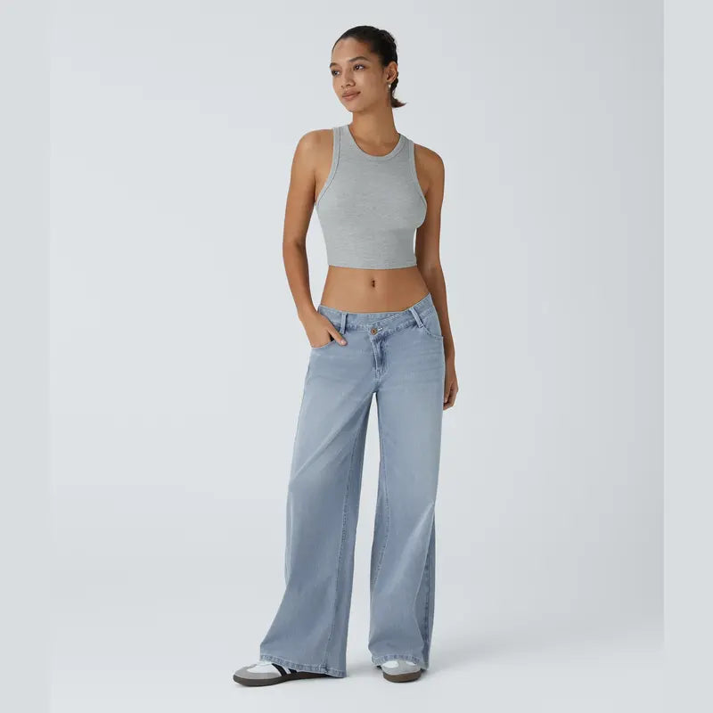 TheFitara Flex Asymmetric Low Rise Zipper Pockets Baggy Wide Leg Washed Casual Jeans