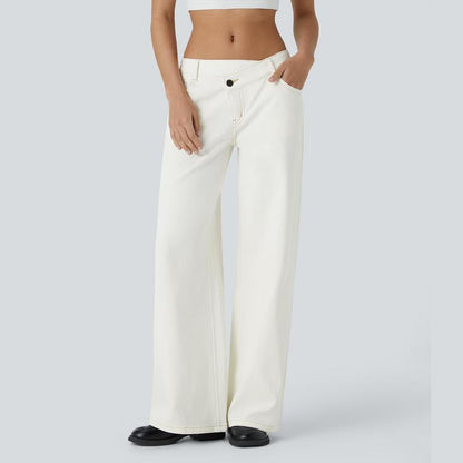 TheFitara Flex Asymmetric Low Rise Zipper Pockets Baggy Wide Leg Washed Casual Jeans